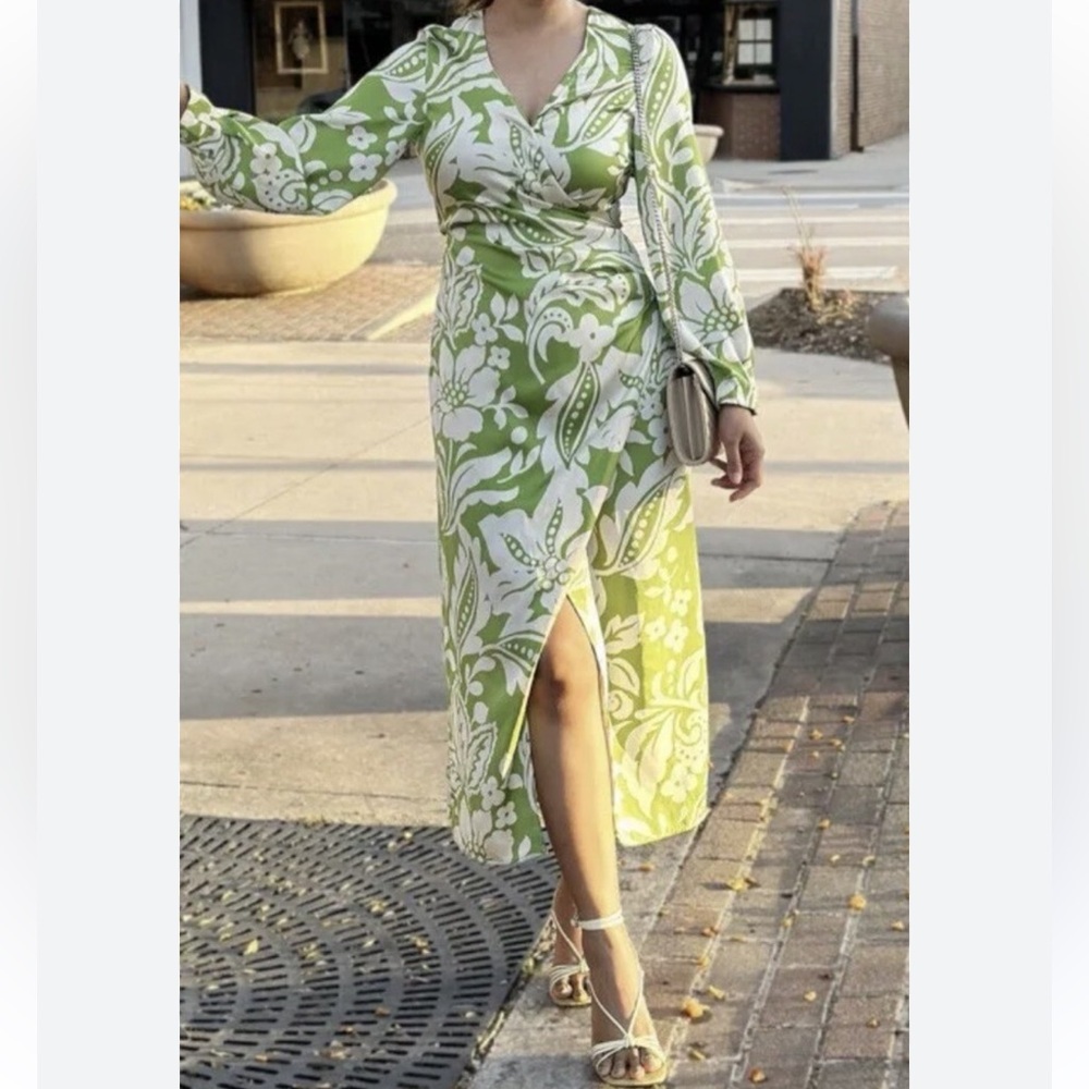 Zara Midi Floral Leaf Printed Dress Lime Ivory Size XL - Picture 4 of 7